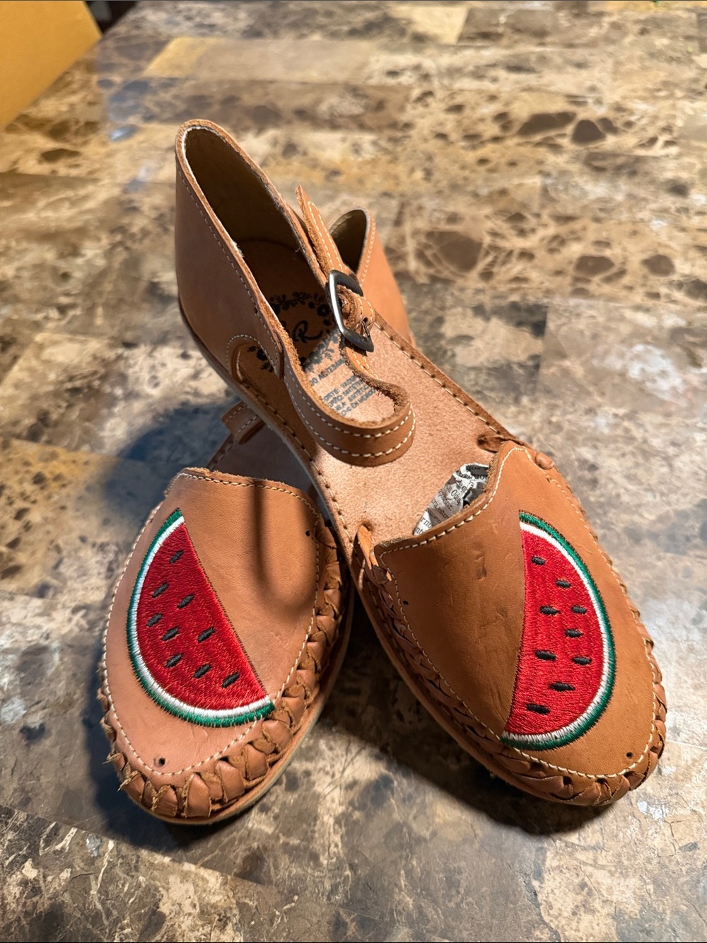 Women’s Tan Leather Moccasins with Red Watermelon Embroidery